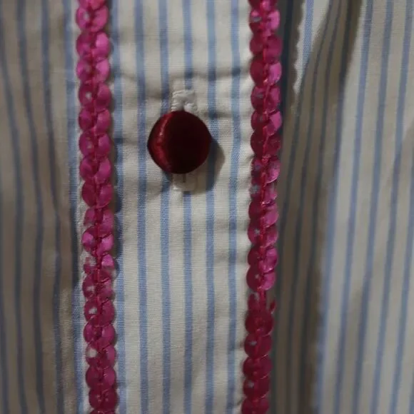 Bell Fine Garments Vintage Striped Button Down Ruffle Sleeve Sequin Trim Shirt 1 - Picture 10 of 12